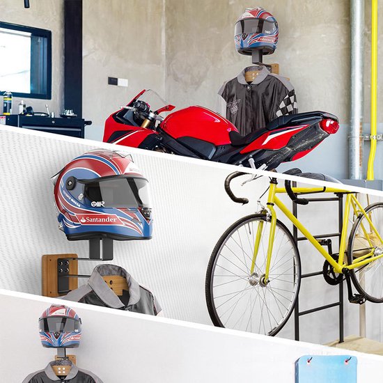 HHUXIUE Motorhelmhouder wandmontage, tactische versnellingshouder met helmstandaard en plaatdrager, massief houten wandrek, organizer en display voor politie, voetbal, fietsuitrusting