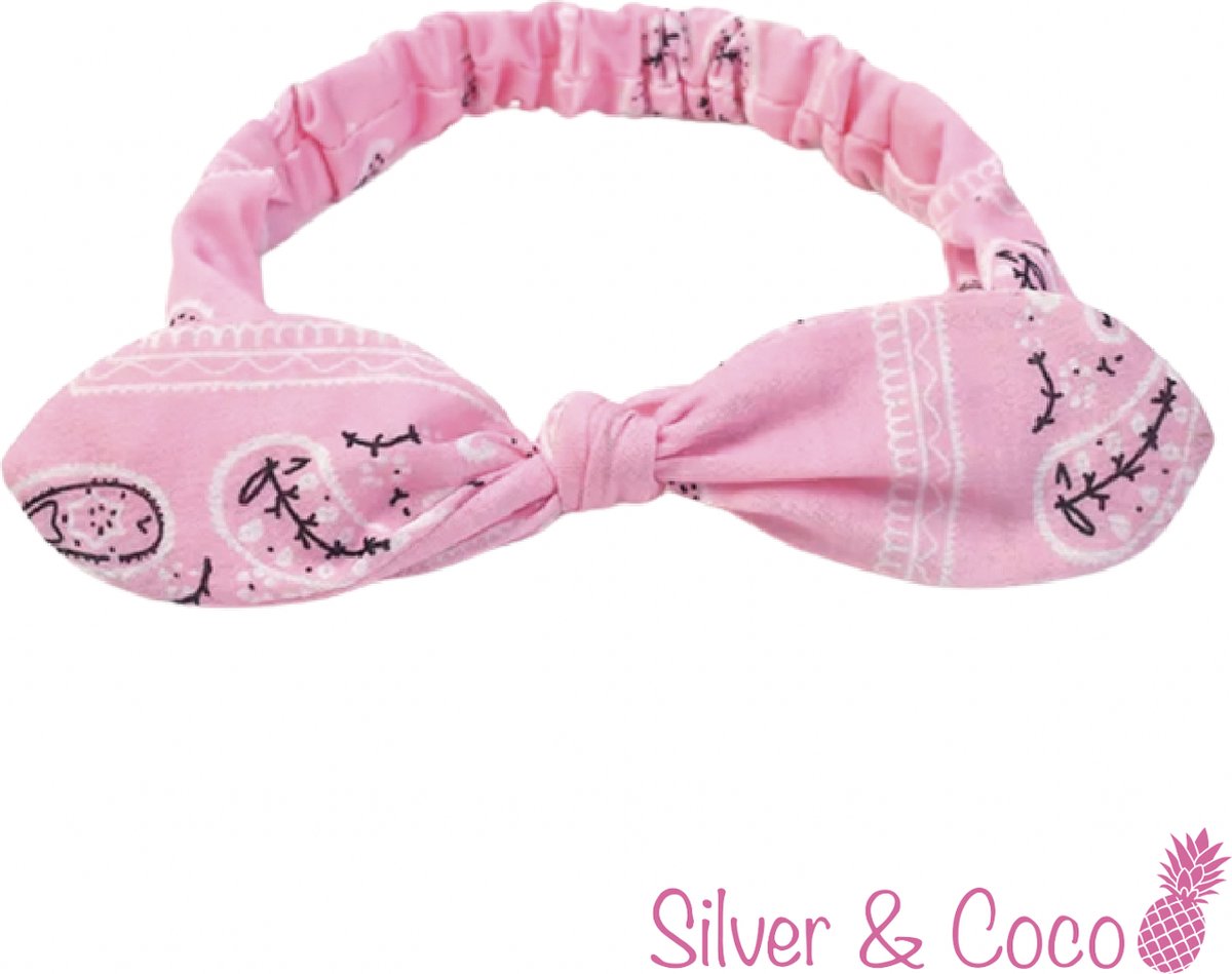 SilverAndCoco® - Houthakkers Haarband met Strik Dikke Elastische Festival Hoofdband Gedraaid / Brede Boho Vrolijke Zomer Haarbanden Dames / Elastische Meisjes Make up Knoop Houthakkers Zakdoek Bandana Breed - Roze