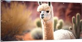 Tuinposter – Dier - Lama - Wit - Planten - Cactus - 200x100 cm Foto op Tuinposter (wanddecoratie voor buiten en binnen)