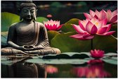 Poster Glanzend – Buddha - Waterlelies - Bloemen - Bladeren - Water - 75x50 cm Foto op Posterpapier met Glanzende Afwerking