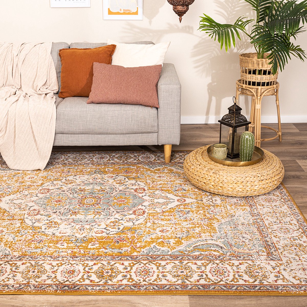 Fraai Vintage vloerkleed - Thirza Medaillon Okergeel/Multicolor - 200x290cm