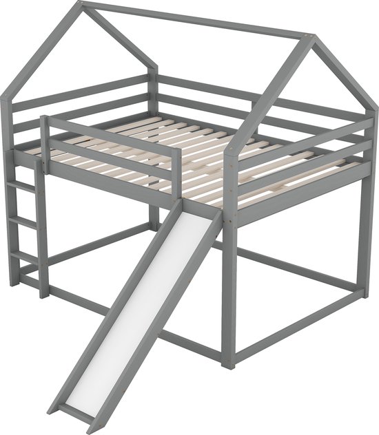 Merax Doppelbett Kinderbett Hausbett Etagenbett mit Rutsche und Leiter, Kinderzimmer Hoch-Doppel-Stockbett, Grau, 140x200cm