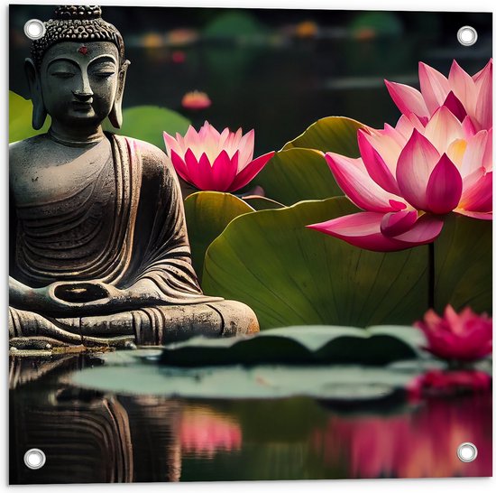 Tuinposter – Buddha - Waterlelies - Bloemen - Bladeren - Water - 50x50 cm Foto op Tuinposter (wanddecoratie voor buiten en binnen)