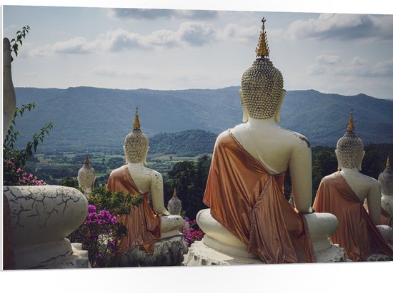 PVC Schuimplaat - Buddhas - Bloemen - Bergen - Bomen - 105x70 cm Foto op PVC Schuimplaat (Met Ophangsysteem)