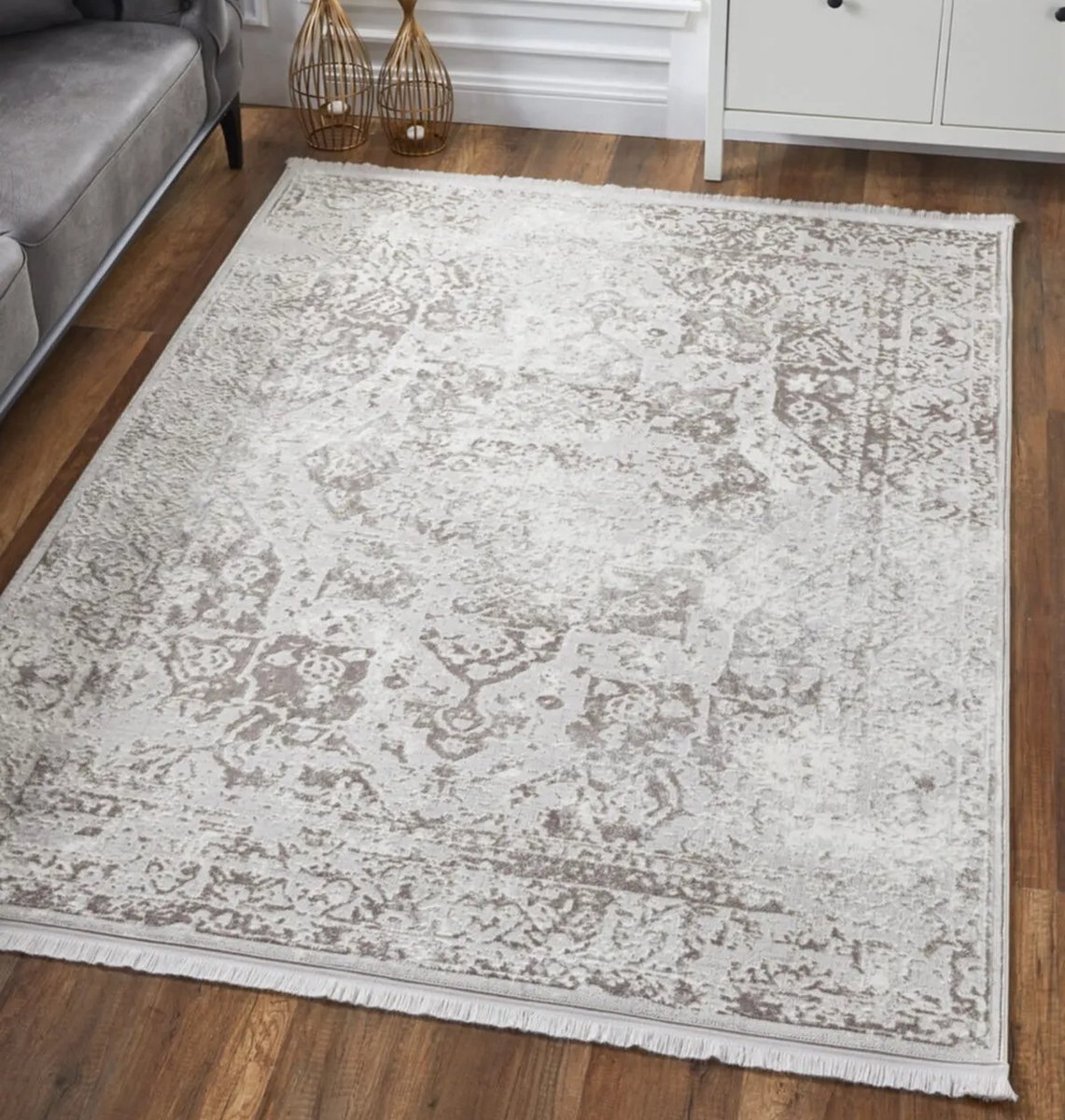 FRIESLAND - Creme-Bruin - 120x180cm, Laagpolig vloerkleed met franjes