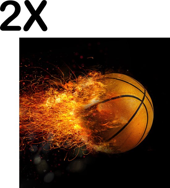 BWK Textiele Placemat - Vlammende Basketball - Set van 2 Placemats - 40x40 cm - Polyester Stof - Afneembaar