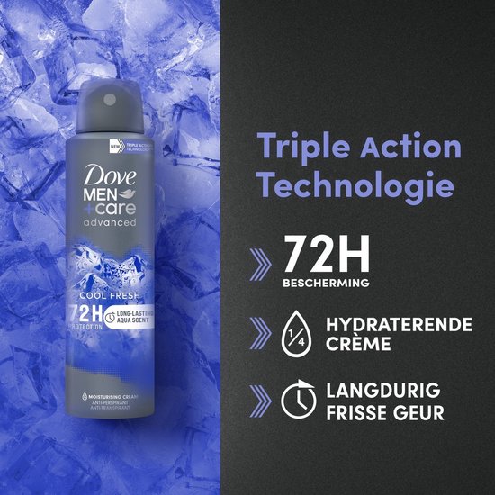 Dove Men+Care Advanced Cool Fresh deodorant met 72 uur bescherming, hydraterende crème en aquageur.