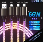 CL CHLIN® RGB verlichte 66w USB Snel lader kabel - oplaadkabel en datakabel voor iphone, samsung, google pixel en Android telefoons- usb lightning kabel - USB C - lightning kabel - Micro USB - USB A - Oplaadkabels - MFI Gecertificeerde