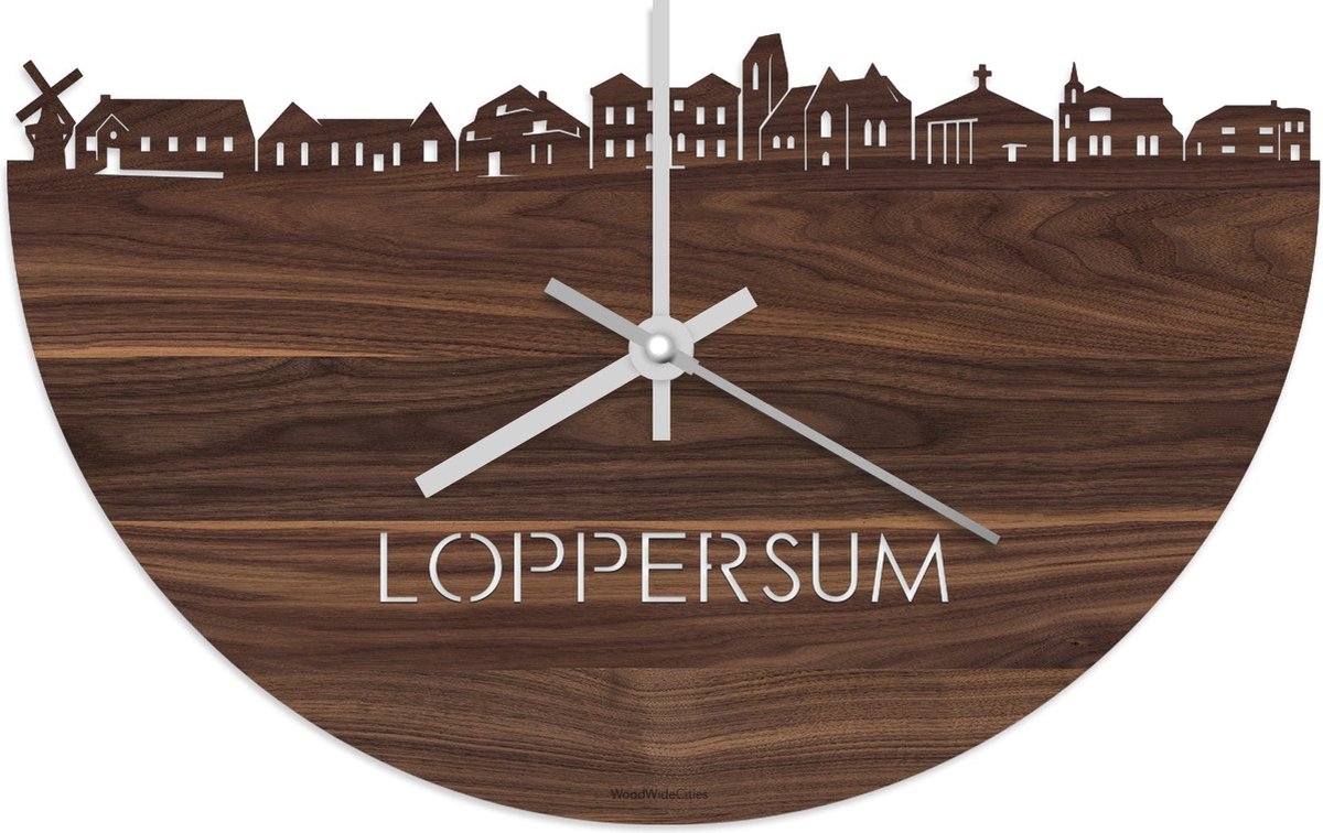 Skyline Klok Loppersum Notenhout - Ø 40 cm - Stil uurwerk - Wanddecoratie - Meer steden beschikbaar - Woonkamer idee - Woondecoratie - City Art - Steden kunst - Cadeau voor hem - Cadeau voor haar - Jubileum - Trouwerij - Housewarming - WoodWideCities