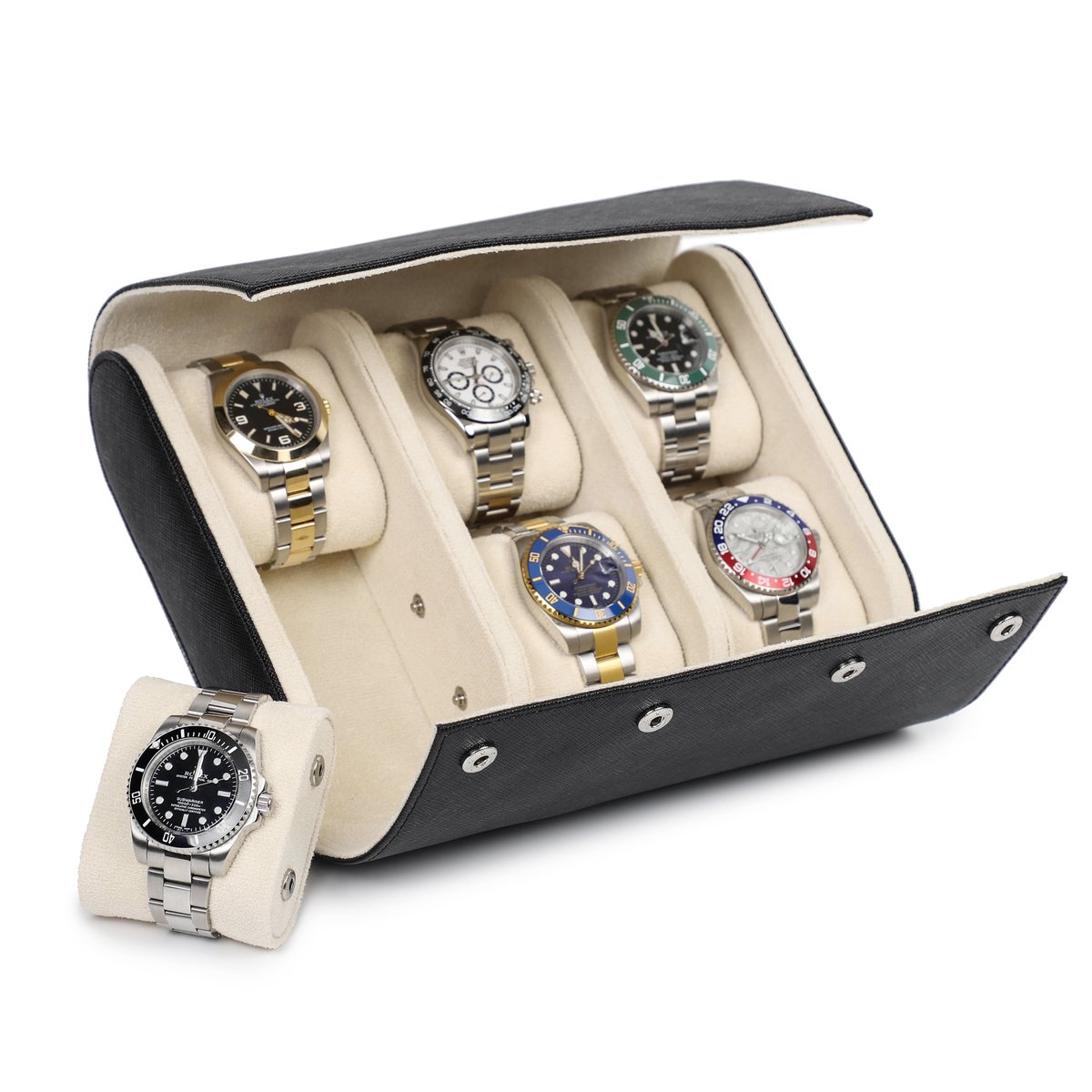 Timezone - Leren Watch roll voor 6 Horloges - Horloge Reisetui - Horloge Rol - Zwart