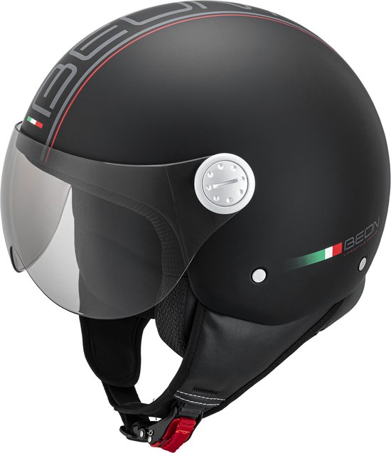 BEON Design - Jethelm met vizier - Geschikt als Scooter Brommer Motor Snorfiets helm - Retro Vespa helm scooter voor Volwassenen - S - Mat Zwart - Gratis helmtas
