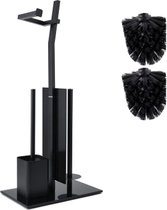 Smartpeas® Toilethouder - zwart - Montage zonder boren - RVS - glazen voet - 32x20x70 cm - inclusief 1 en 2 verwisselbare toiletborstels