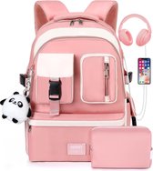 Roze rugzak 2-delig - USB-oplaadpoort - Boekentas, rugtas , schooltas voor kinderen, tieners, meisjes