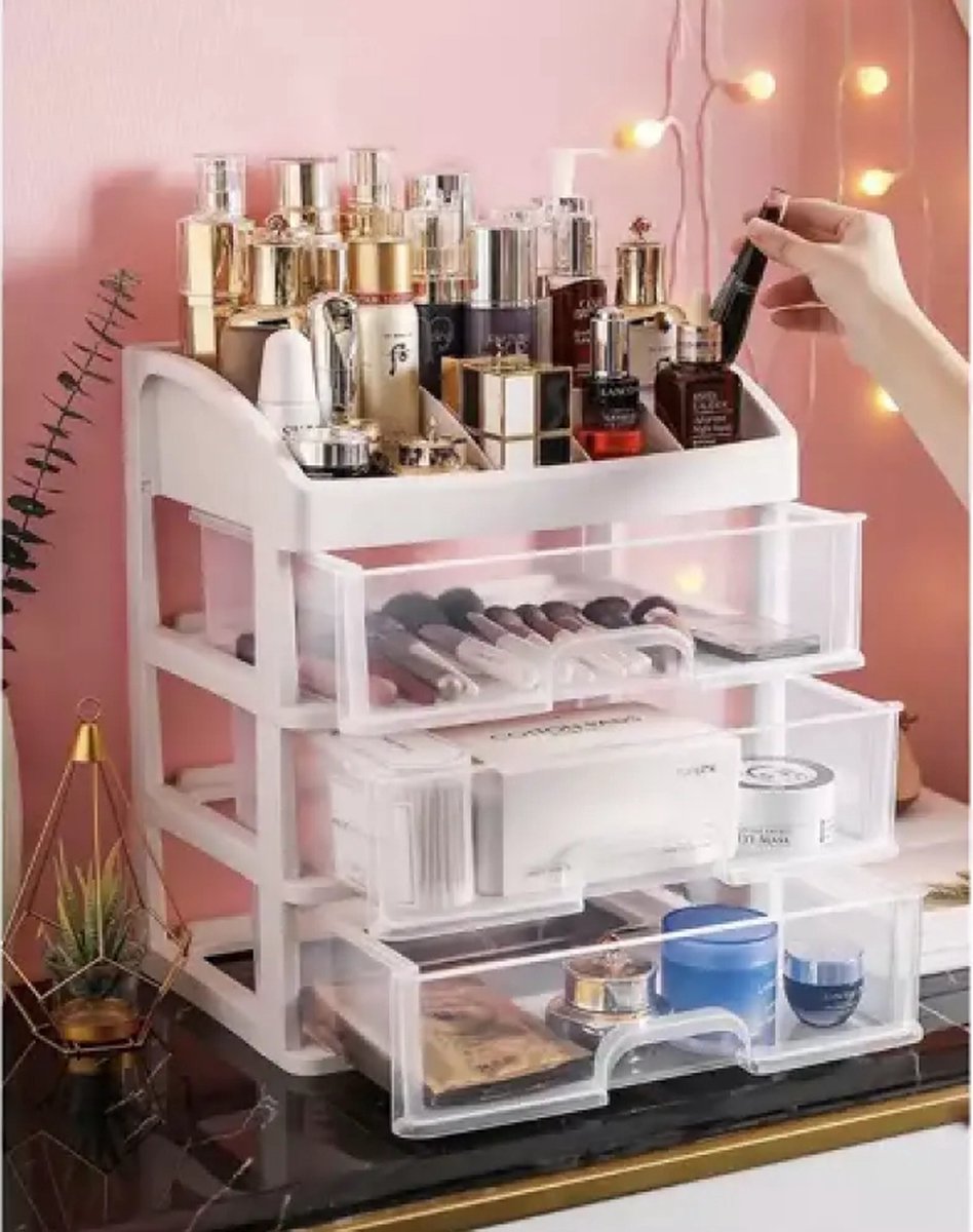 Make - up organizer XL Deluxe - Wit - Met 3 Laden en 6 opbergvakken -  27x23,5x16,5 cm