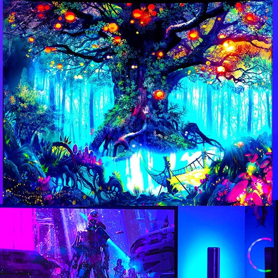 Ulticool - Arbre de Conte de Glow - Tapisserie Décoration Magic - Psychédélique - Toile de Fond pour Tapisserie de Fête à Lumière noire - 200x150 cm - Toile de Fond Lampe UV Réactive - Groot Tapisserie - Affiche - Siècle des Lumières Fluor Néon