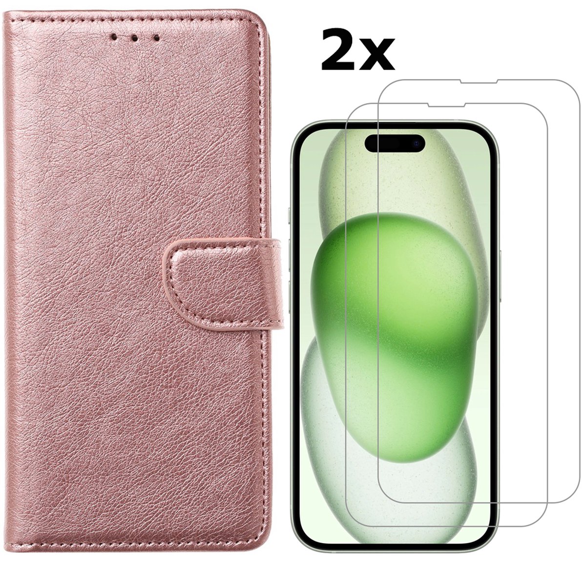 Hoesje Geschikt voor iPhone 15 hoesje bookcase met 2x screenprotector – Rosegoud