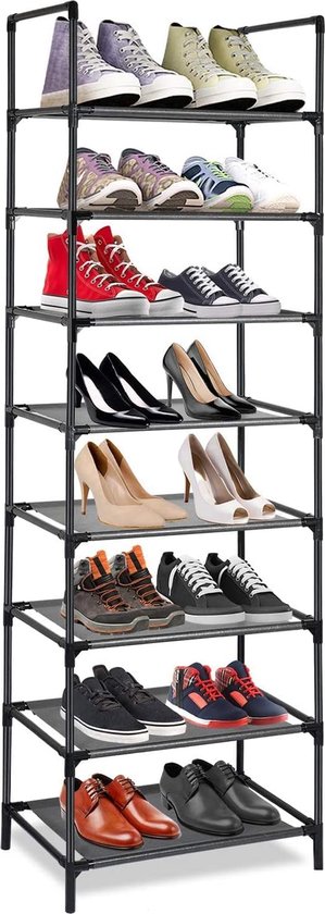 Schoenenrek met 8 planken, schoenenopberg-organizer-standaard voor 16-20 paar schoenen, ruimtebesparende schoenentorenkast, schoenenopslag, organizer voor ruimtebesparende opslag (zwart)