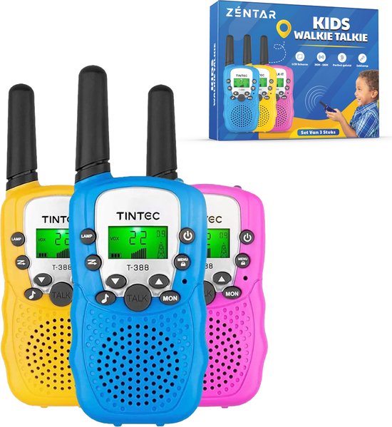 Zéntar Walkie Talkie – Voor Kinderen en Volwassenen - 5KM Bereik - 3 stuks - Geel Roze Blauw - Gratis Batterijen -