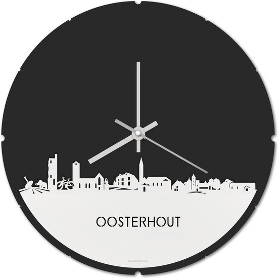 Skyline Klok Rond Oosterhout Wit Glanzend - Ø 44 cm - Stil uurwerk - Wanddecoratie - Meer steden beschikbaar - Woonkamer idee - Woondecoratie - City Art - Steden kunst - Cadeau voor hem - Cadeau voor haar - Jubileum - Trouwerij - Housewarming -