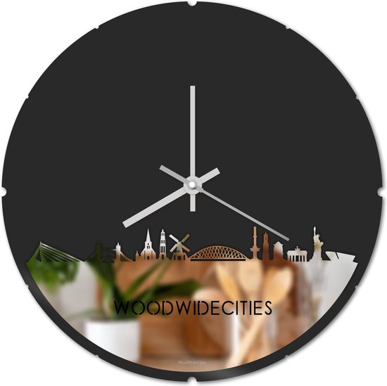 Skyline Klok Rond WoodWideCities Spiegel - Ø 44 cm - Stil uurwerk - Wanddecoratie - Meer steden beschikbaar - Woonkamer idee - Woondecoratie - City Art - Steden kunst - Cadeau voor hem - Cadeau voor haar - Jubileum - Trouwerij - Housewarming -