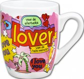 Valentijn - Mok - Drop - Voor de allerbeste lover - Cartoon - In cadeauverpakking met gekleurd krullint