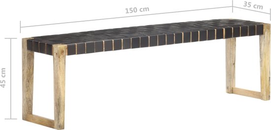 vidaXL - Bankje - 150 - cm - echt - leer - en - massief - mangohout - zwart