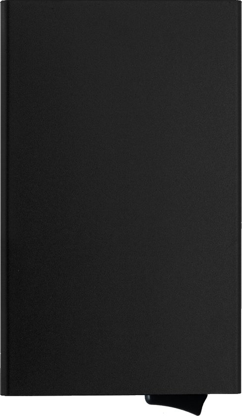 Porte-cartes noir et épuré avec une petite languette coulissante.