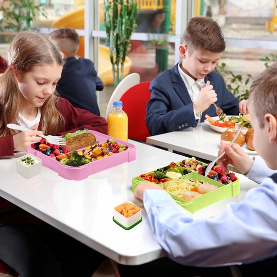 Bugucat Broodtrommel voor kinderen met vakken, 1330 ml, set van 2, lunchbox voor kinderen, bento box, lekvrij met 6 vakken, bestekset, ontbijtdoos voor meisjes, snackbox, broodtrommel voor