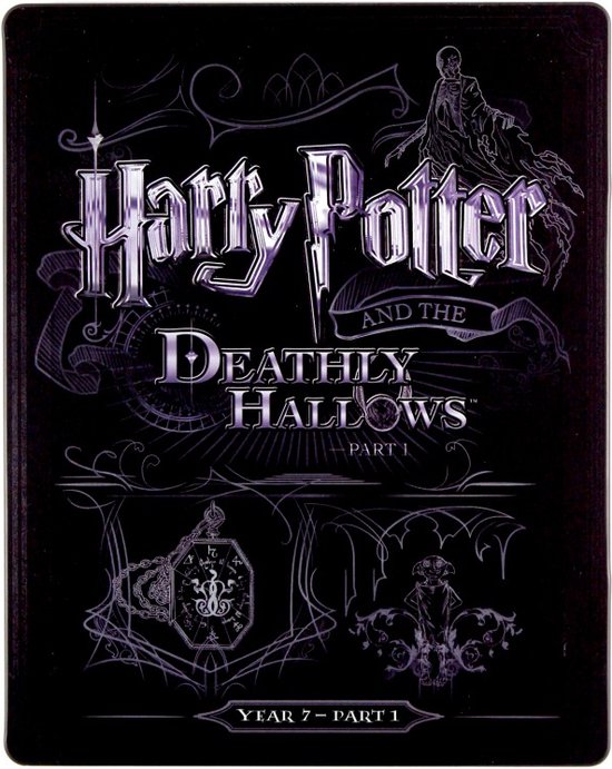 Voorzijde van een Blu-ray hoes met 'Harry Potter and the Deathly Hallows Part 1' en decoratieve lijnen.
