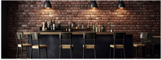 Poster (Mat) - Bar - Flessen - Drank - Krukken - Lampen - Hout - Kleuren - 90x30 cm Foto op Posterpapier met een Matte look