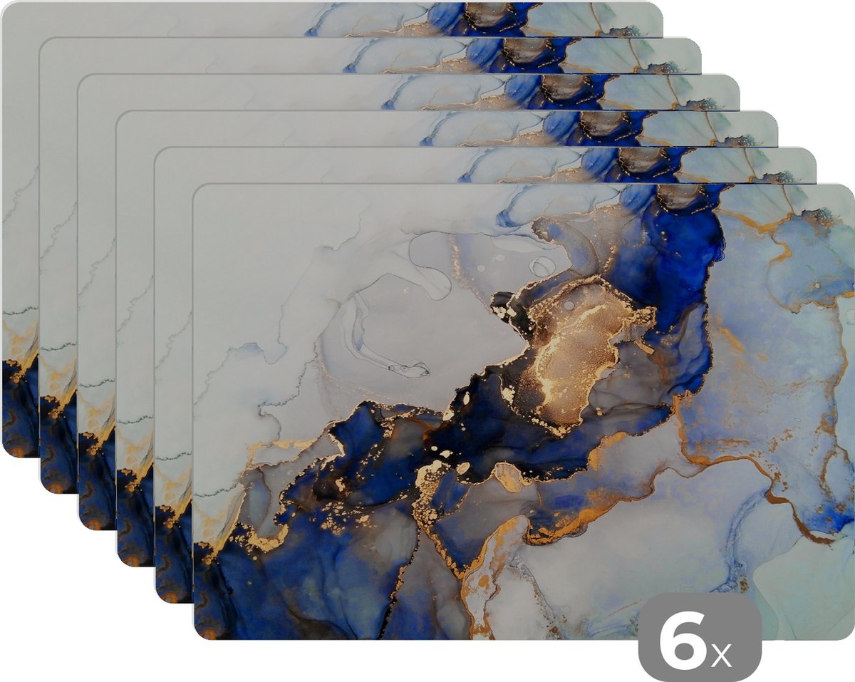 Placemats - Marmer - Blauw - Goud - Onderleggers placemat - 45x30 cm - 6 stuks