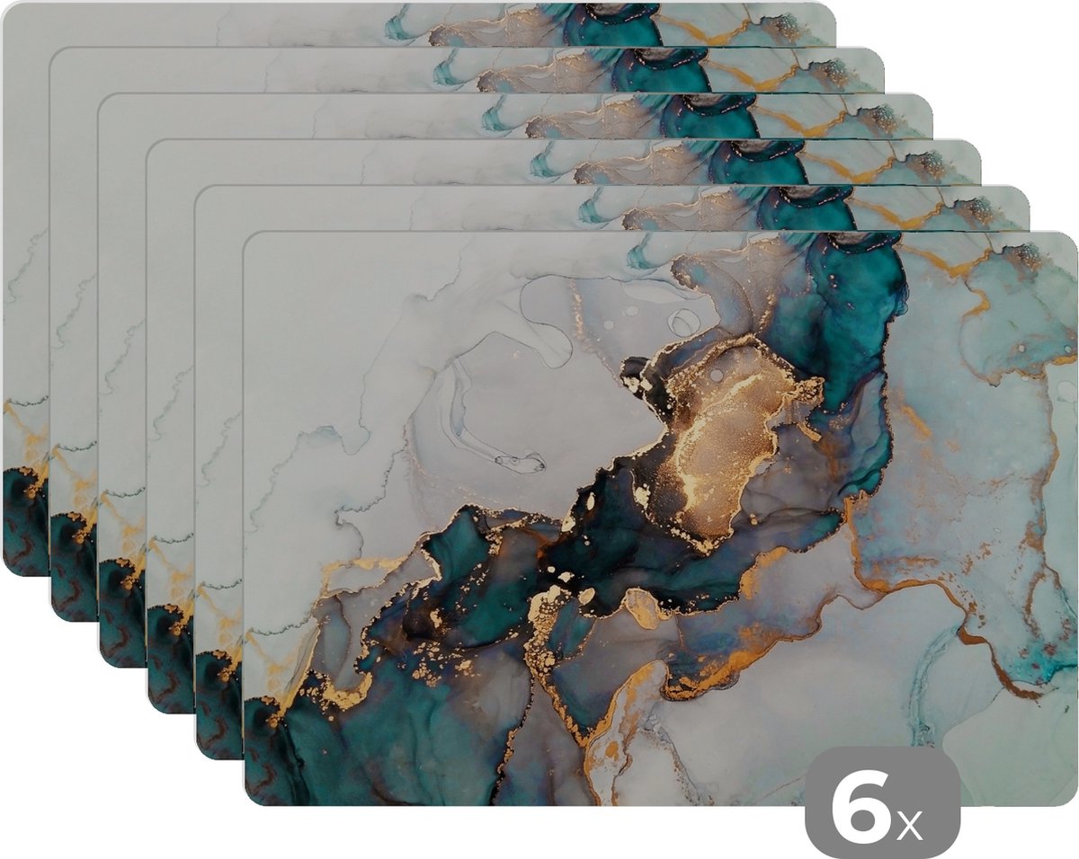 Placemats - Marmer - Blauw - Goud - Onderleggers placemat - 45x30 cm - 6 stuks