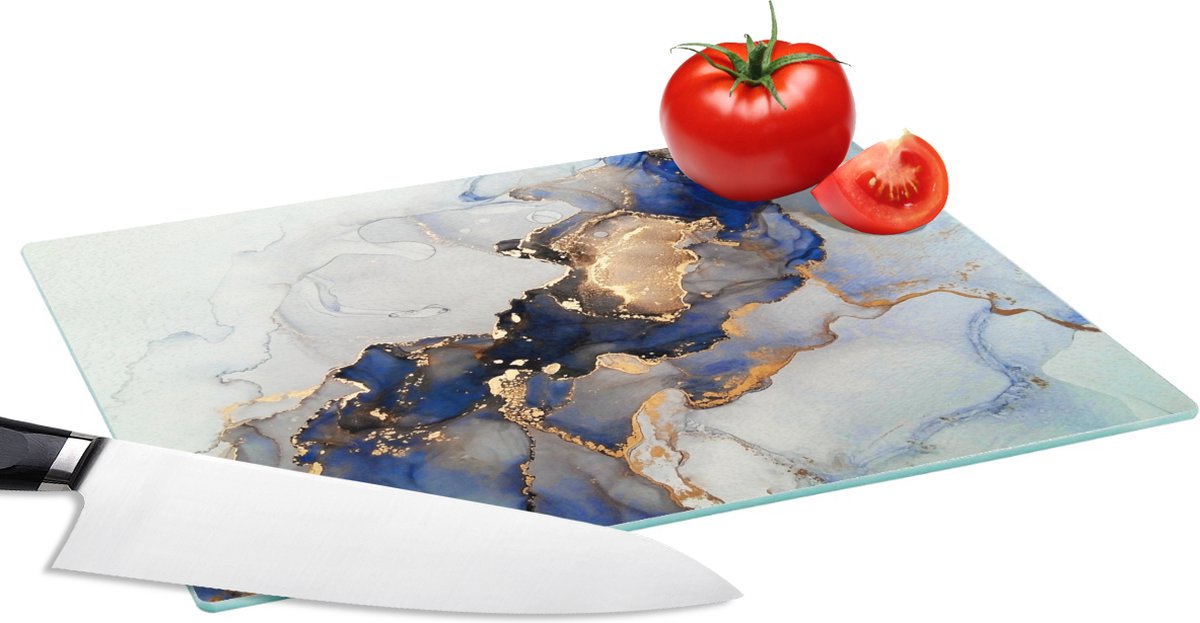 Glazen Snijplank - 28x20 - Marmer - Blauw - Goud - Snijplanken Glas