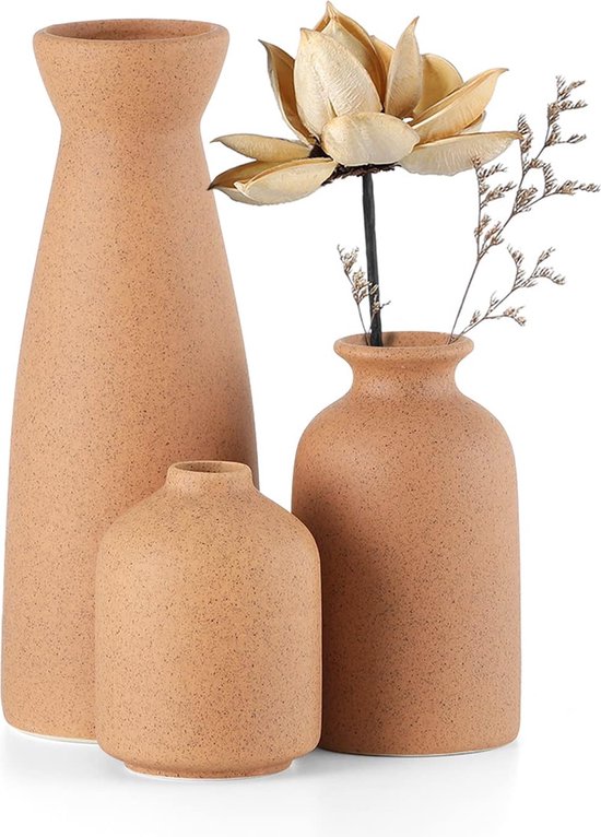 Keramische Vazen Set Van 3 - Kleine Bloemenvazen 25 Cm In Oranje, Geel En Wit Voor Decoratie