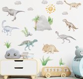 Muursticker Dinosauriers | Dino's | T-rex | Triceratops | Zon wolken berg | Aquarel Muur Sticker| Kinderkamer | Jongens - meisjes | Verwijderbaar - zelfklevend plakfolie | Huis inrichting | Stickerkamer®