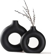 Vaas voor pampasgras, keramische vaas, zwarte donutvaas, ronde vorm, moderne, witte ronde vaas, abstract, bloemenvaas voor thuis en op kantoor, decoratie, mat zwart