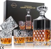 Whisky Decanter Set - 849ml Kristallen Whisky Karaf met 4 Glazen in Luxe Geschenkdoos - Loodvrije Premium Bourbon Decanter en Glazen Set - Perfecte Whisky Karaf en Glas Set voor Mannen