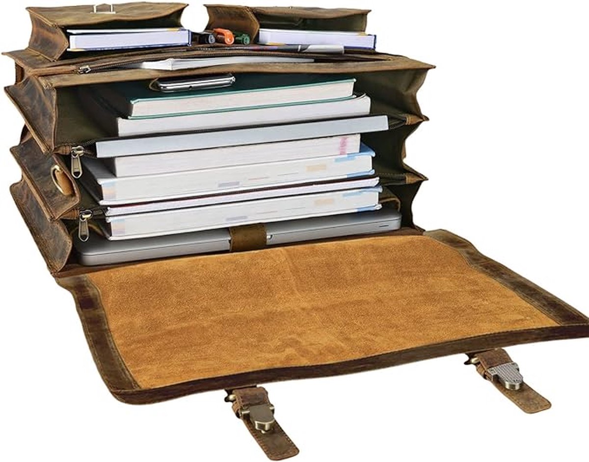 SID & VAIN Grote laptoptas echt leer - 15,4 inch laptop zakelijke tas STOKED groot - schoudertas aktetas met schouderriem - leren tas heren en dames bruin handgemaakt