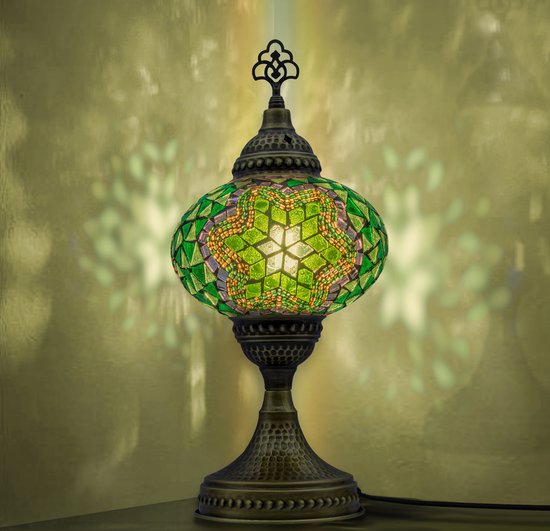 VALVELLO Lampe en mosaïque faite à la main, veilleuse, turque, arabe, orientale, Tiffany, marocaine, Lampes de table décoratives pour chambre à coucher, bureau, salon et cadeau parfait pour les jours spéciaux – Vert