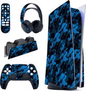 Equivera Geschikt voor PS5 Sticker - Geschikt voor PS5 Skins Voor Geschikt voor PS5 Disk Edition + Inclusief Voor Controllers, Oplaadstation, Headset & Afstandsbediening - Limited Edition Black & Blue Camouflage