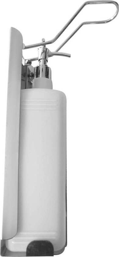 Zilverkleurige elleboogdispenser met een witte kunststof fles, van opzij aan de muur gemonteerd.