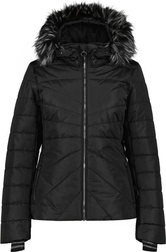 Zwarte winterjas met bontkraag, rits en horizontale quilting.