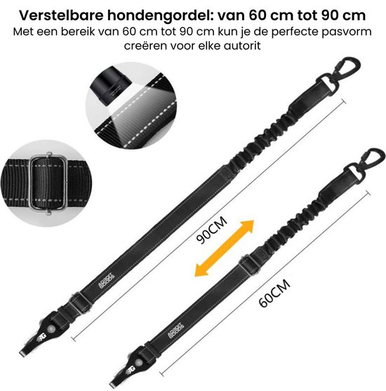 Ceinture de sécurité noire pour chien, longueur réglable de 60 cm à 90 cm, avec deux mousquetons.