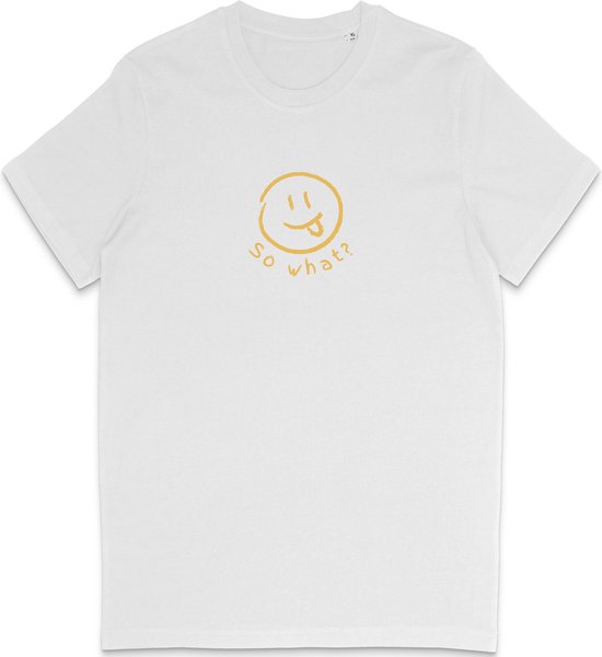 Grappig Heren Dames T Shirt So What? Nou En? - Minimalistische Smiley Print - Wit- XS