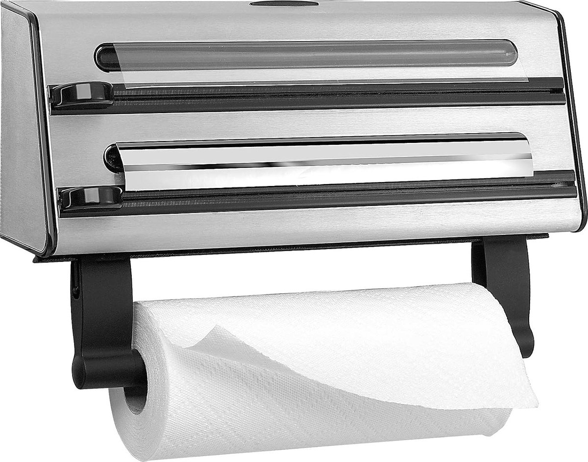 Contura 3-Voudige Keukenrol/Aluminium- en Vershoudfolie Muurbevestiging, Roestvrij Staal, Zilver/Zwart, 40.89 x 27.94 x 10.92 cm
