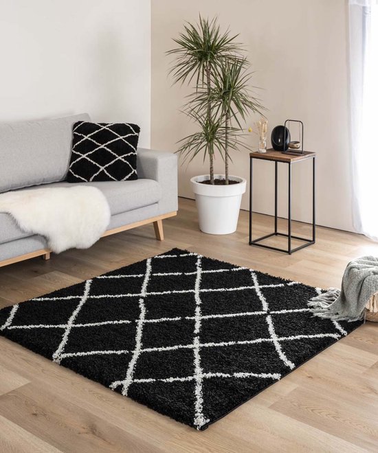 Vierkant hoogpolig vloerkleed ruiten Artisan - zwart/wit 200x200 cm