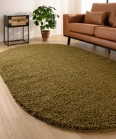 Tapis ovale à poils longs shaggy Trend uni - vert olive 100x150 cm