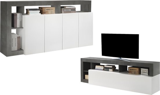 Set buffetkast + TV meubel - SEFRO - Beton en witgelakt L 184 cm x H 93 cm x D 42 cm