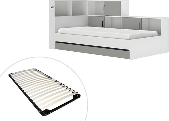 Bed met opbergruimte en lade 90 x 200 cm - Kleuren : wit en grijs + Bedbodem - ARMAND L 221 cm x H 104 cm x D 120 cm