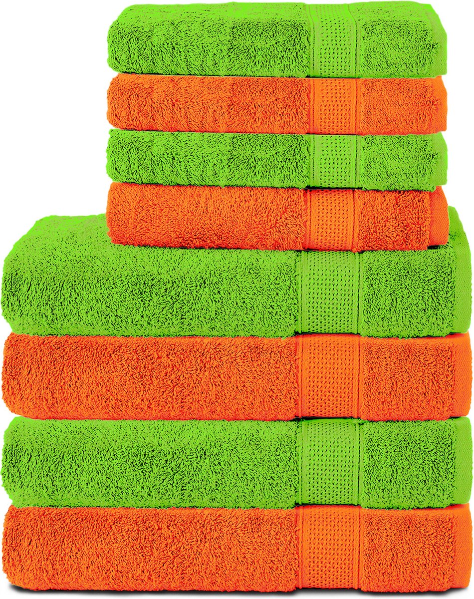Komfortec Handdoekenset – Set van 8 - 4x Handdoek 50x100 cm en 4x Badhanddoek 70x140 cm - 100% Katoen - Groen&Oranje
